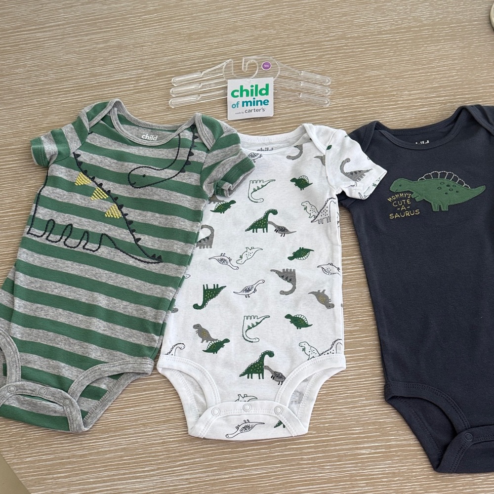 Carter's Child of Mine Baby Boy Dinosaur Bodysuit Trio - Green/White/Navy 12M - Picture 4 of 14